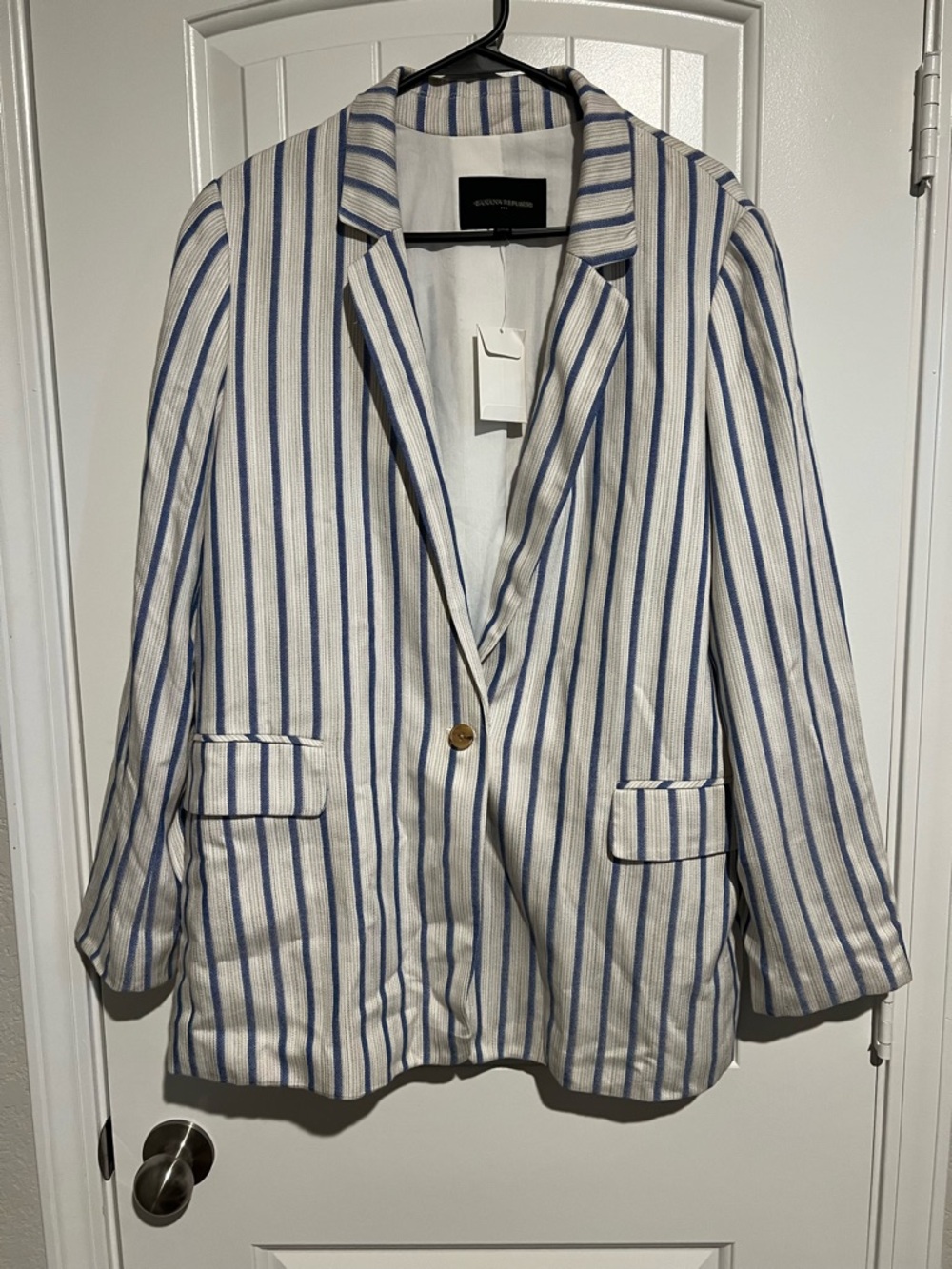 Banana Republic White and Blue Striped Single-Button Blazer
